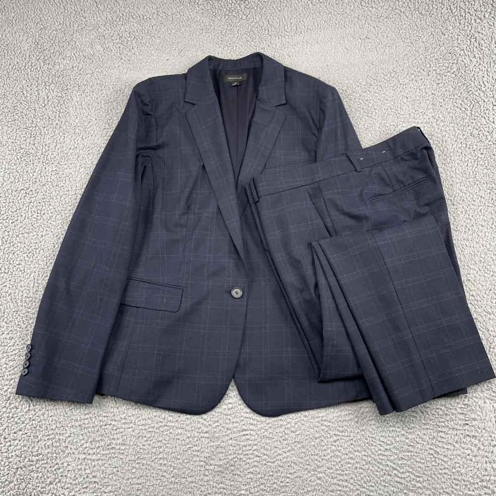 Ann Taylor Pant Suit Women 16T Blue Plaid Blazer Trousers Professional Career